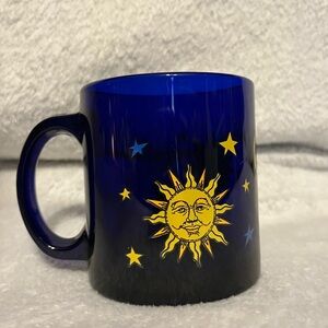 Libbey Cobalt Blue Glass 12oz Coffee Mug Celestial Sun Moon Stars Friends